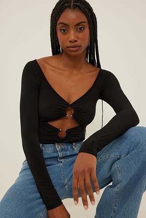 Black Ring Detail Long Sleeve Top