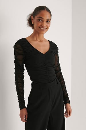 Black Rouched Long Sleeve Mesh Top