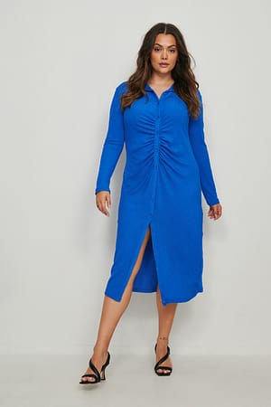 Blue Rouched Button Detail Midi Dress