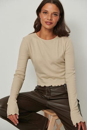 Beige Geripptes Babylock-Oberteil mit rundem Kragen