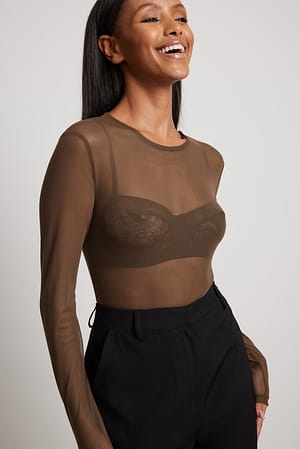 Brown Round Neck Fitted Mesh Top