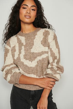 Beige/Cream Zebra-Strickpullover mit Rundhalsausschnitt