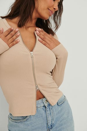 Beige Round Neck Zip Detail Top