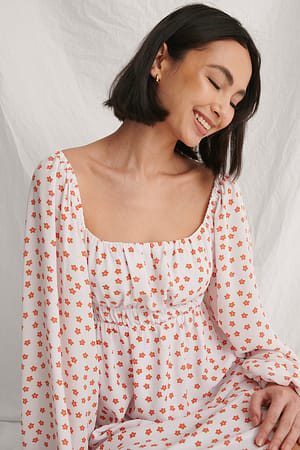 Orange flower Ruched Detail Chiffon Dress