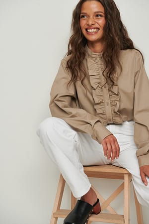 Light Beige Ruffle Cotton LS Blouse