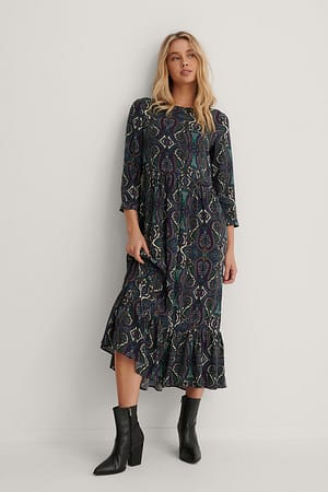 Paisley Print Ruffle Hem Round Neck Midi Dress