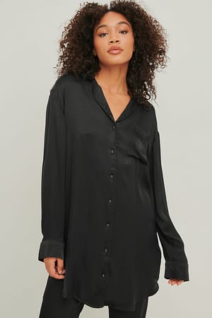 Black Satin-Loungerwear-Hemdkleid