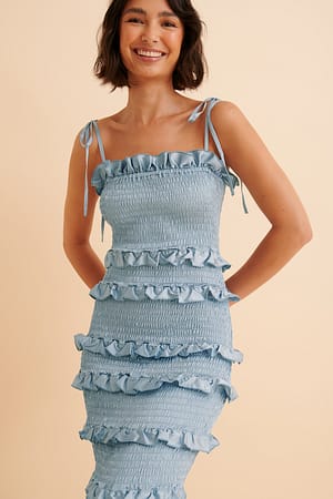 Blue Satin Smocked Dress