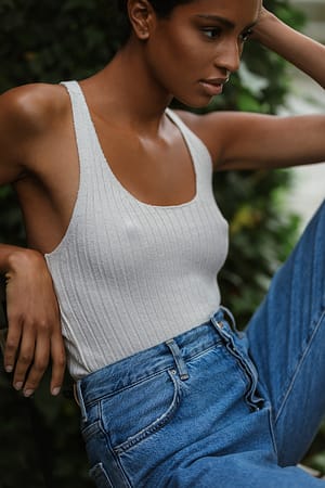White Geribde Top Met Decolleté