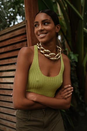 Green Geribde Top Met Decolleté
