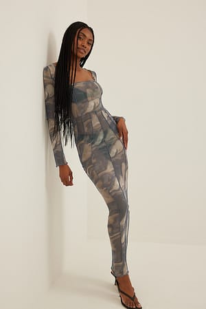 Grey Print Seam Mesh Maxi Dress