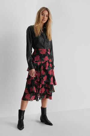 Rose Print Midirok Met Ruches