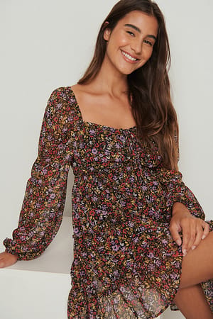 Floral Print Sheer Panel Mini Dress
