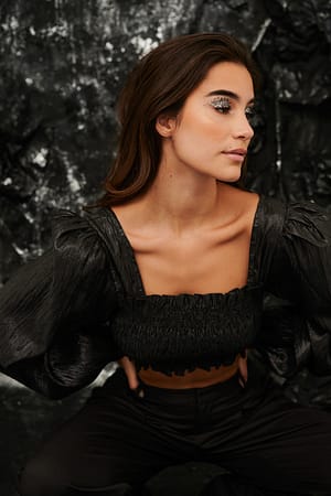 Black Shiny Smocked Cropped Top
