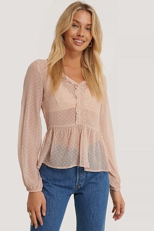 Dusty Pink Rynkad Blus Med Struktur
