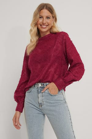 Burgundy Geraffte hochgeschlossene geblümte Bluse