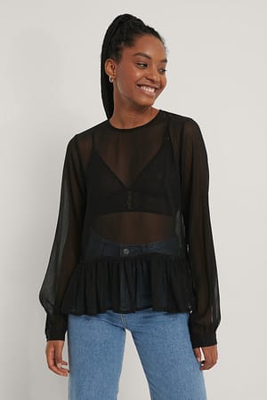 Black Volantblouse Met Plooien En Ronde Halslijn