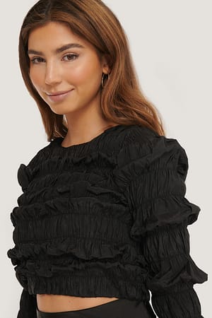 Black Shirred Long Sleeve Top