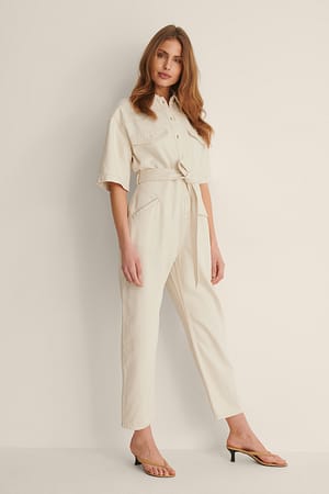 Ecru Short Sleeve Denim Jumpsuit