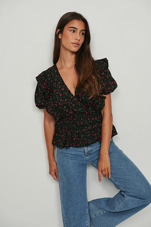 Red Flower Resirkulert blomstrete topp med trykk og korte ermer