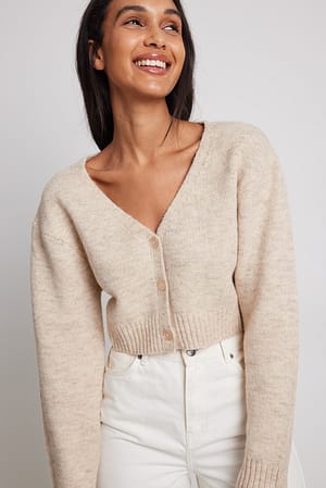 Beige Melange Short V-Neck Buttoned Knitted Cardigan