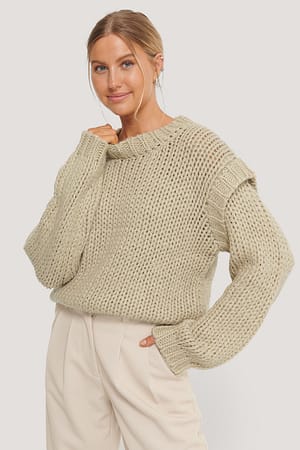 Beige Gebreide Trui Met Wolmix Schouder