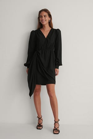 Black Shoulder Padded V-Neck Dress