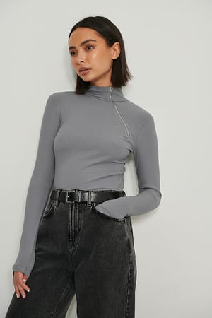Dark Grey Gerecycleerd ribtop met rits