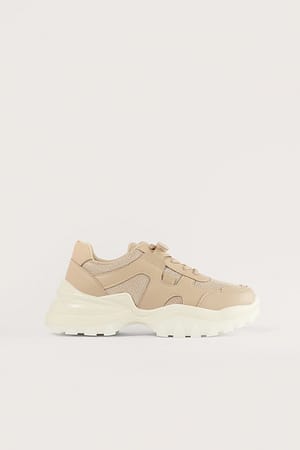 Beige Slim Sneakers Met Klittenband