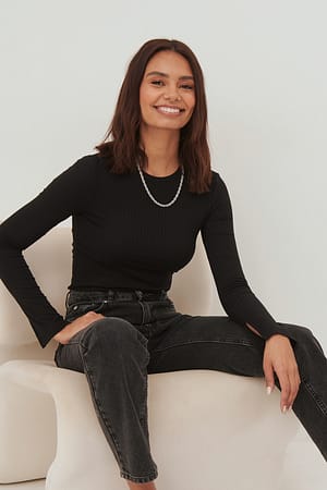 Black Slit Sleeve Rib Top