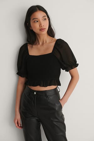 Black Smocked Cropped Top