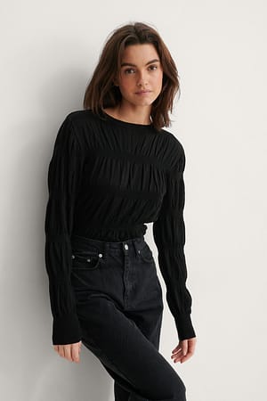 Black Smocked Knitted Sweater