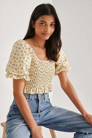 Small Purple Flowers Smocked Short Puff Sleeve Top