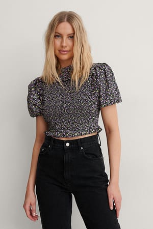 Black Print Smocked Top
