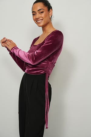 Mauve Square Neck Drawstring Velvet Top