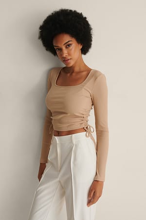 Beige Square Neck Drawstring Top