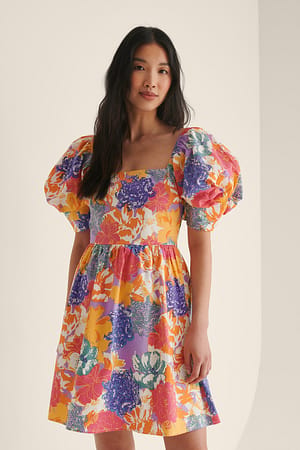 Multi Floral Print Square Neck Puff Sleeve Dress