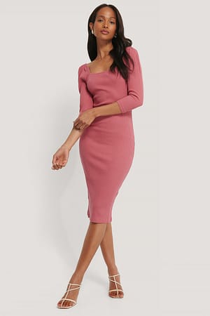 Dark Rose Square Neck Puff Sleeve Rib Dress