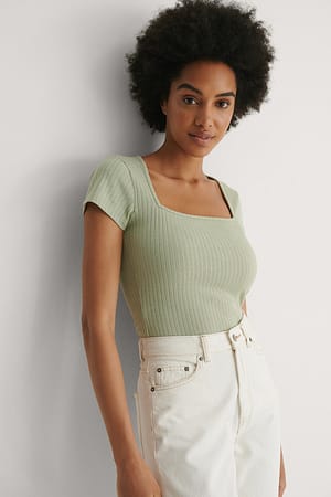 Light Khaki Square Neck Short Sleeve Top