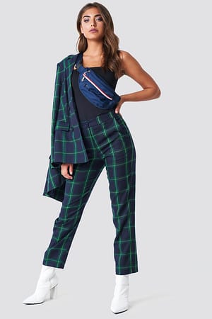 Green Check Straight Checkered Suit Pants