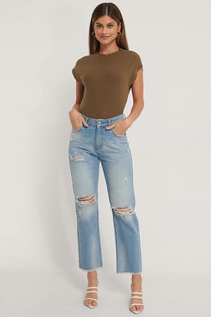 Light Blue Straight Destroyed Fringed Hem Jeans