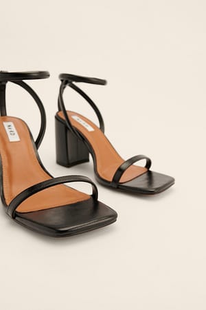 Black Strappy Ankle Block Heeled Sandals