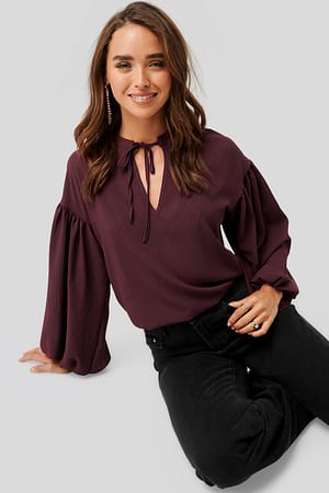 Burgundy Striped Balloon Sleeve Blouse