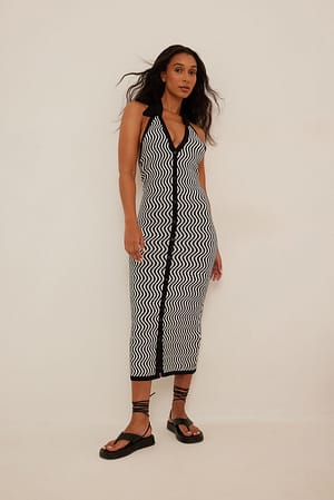 Black/White Striped Knitted Collar Midi Dress