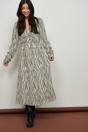 White Print Structured Midi LS Dress