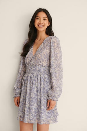 Blue Yellow Print Gestructureerde smokdetail jurk