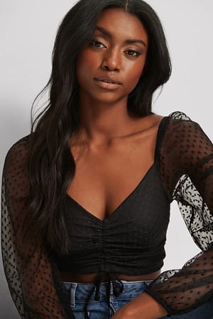 Black Swiss Dot Drawstring Mesh Top
