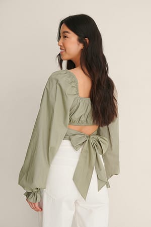 Green Tie Back LS Cotton Blouse