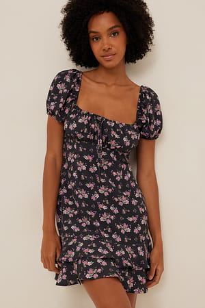 Black/Dusty Pink Flowers Tie Details Mini Dress
