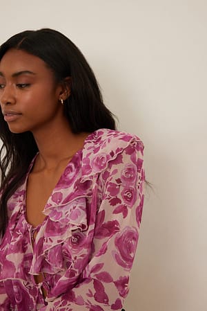 Red/Pink Roses Tie Front Frill Chiffon Blouse